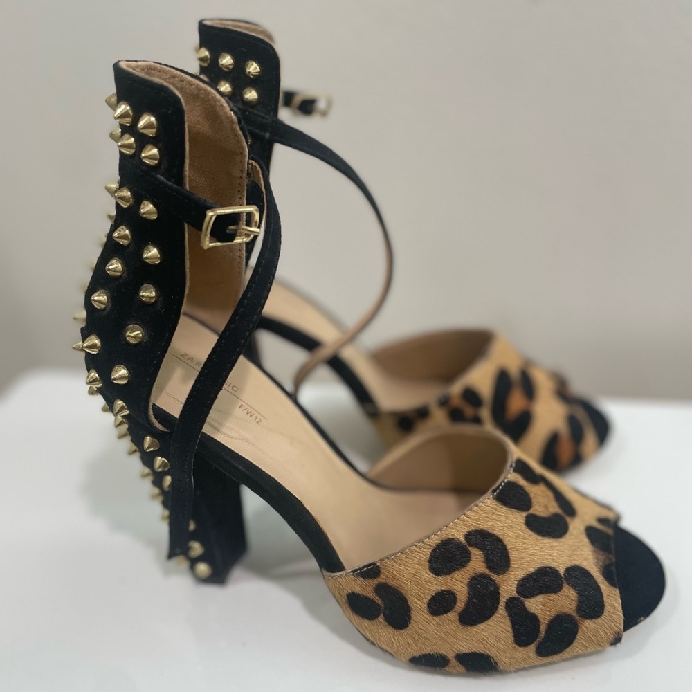 Zara Black and Tan Leopard Print Heels with Gold Studs